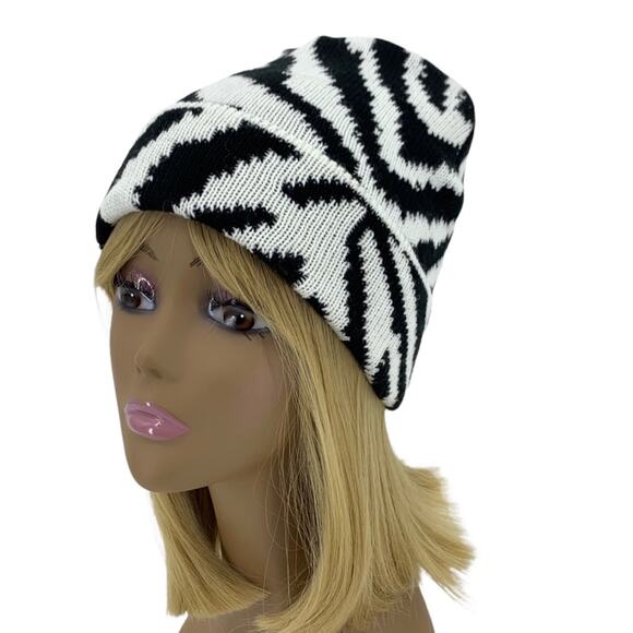 Black & White Zebra Beanie Knit Hat by AQUA One Size - Picture 3 of 10
